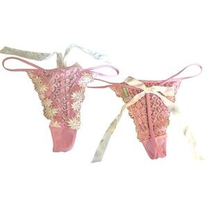 Vintage Glamour Pink Mesh Embroidered Thong Panties Satin Back Bow Size XL